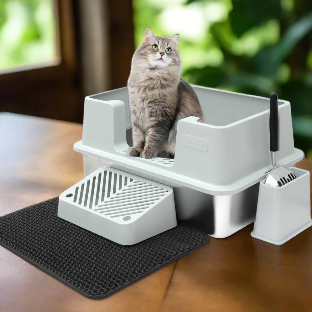 Animaru XL Stainless Steel Cat Litter Box Bundle – Covered Metal Box with Scoop, Holder, Footpad & Mat
