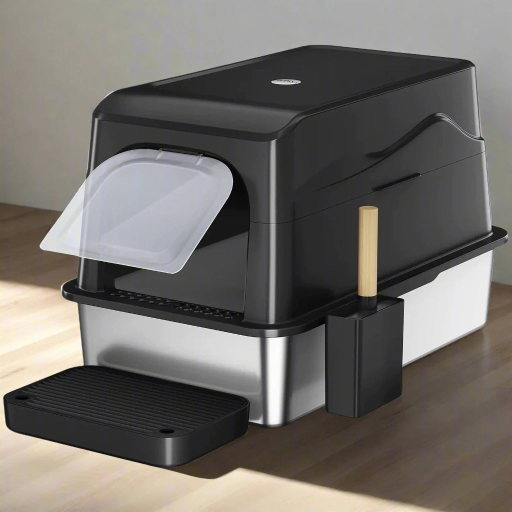 Barhon XL Stainless Steel Litter Box with Lid – Covered Enclosed Metal Box for Big Cats, Easy Clean & Non-Sticky (Black)