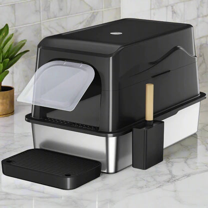Barhon XL Stainless Steel Litter Box with Lid – Covered Enclosed Metal Box for Big Cats, Easy Clean & Non-Sticky (Black)
