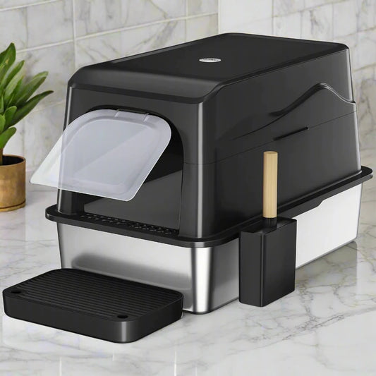 Barhon XL Stainless Steel Litter Box with Lid – Covered Enclosed Metal Box for Big Cats, Easy Clean & Non-Sticky (Black)