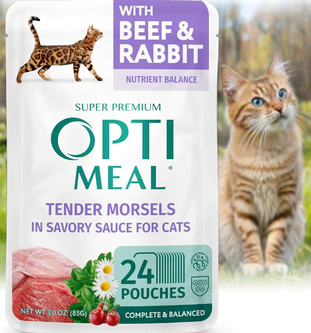 Optimeal Grain-Free Wet Cat Food – Beef & Rabbit Tender Morsels, 24 Pouches (4.5 lbs)