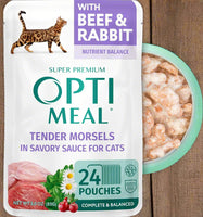 Optimeal Grain-Free Wet Cat Food – Beef & Rabbit Tender Morsels, 24 Pouches (4.5 lbs)