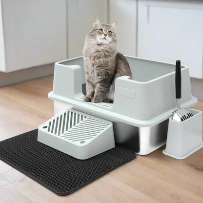 Animaru XL Stainless Steel Cat Litter Box Bundle – Covered Metal Box with Scoop, Holder, Footpad & Mat
