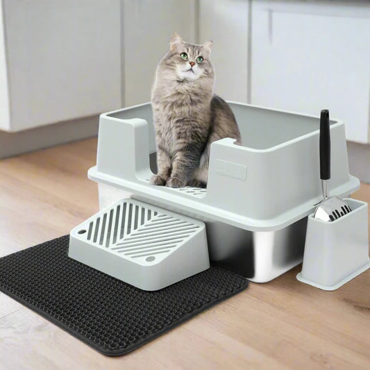Animaru XL Stainless Steel Cat Litter Box Bundle – Covered Metal Box with Scoop, Holder, Footpad & Mat